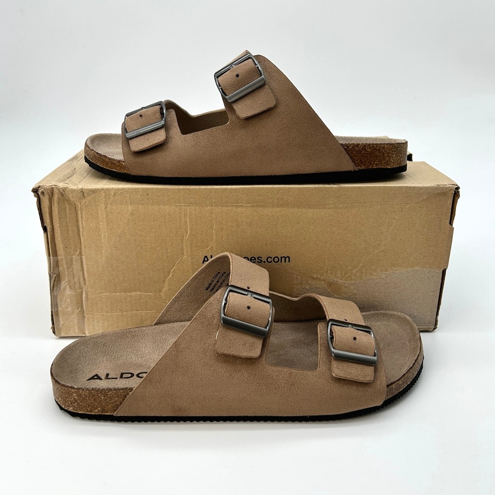 ALDO Agustin Mens Slide Sandals Size 8 Dark Beige Faux Suede Double Strap NEW
